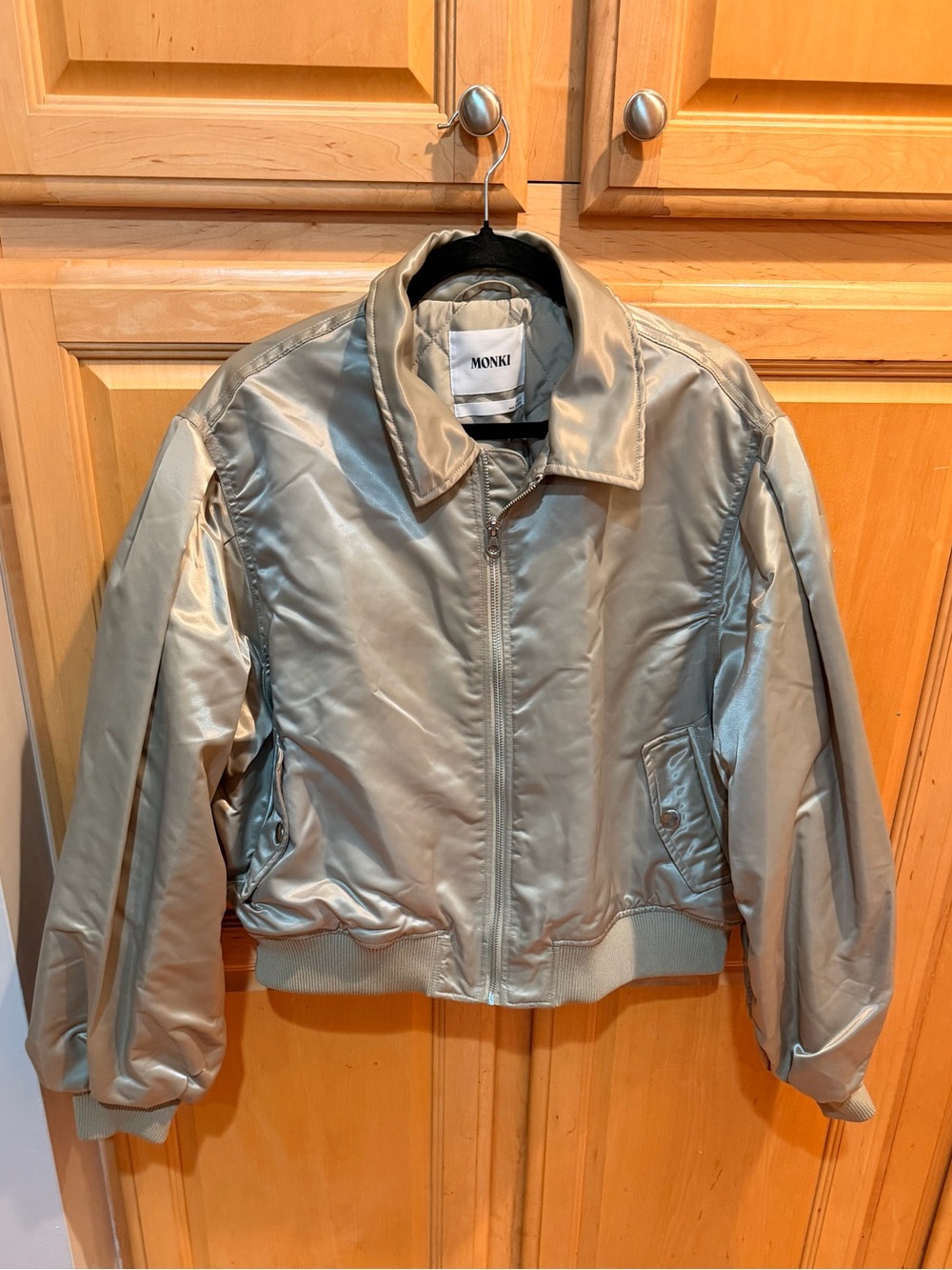 NWOT Monki Satin Bomber Jacket in Light Silver